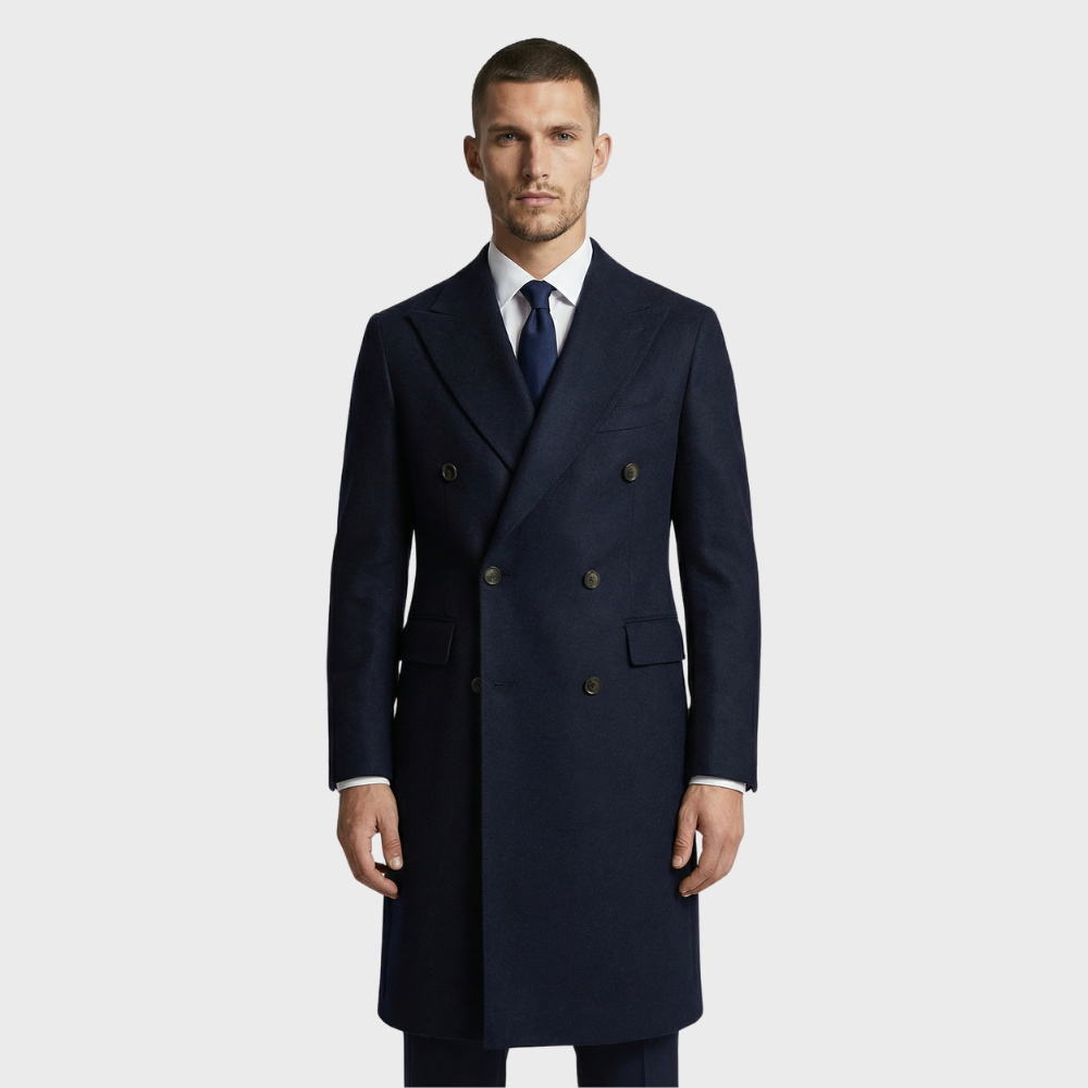 Navy Doppelreiher Mantel aus Loro Piana Schurwolle